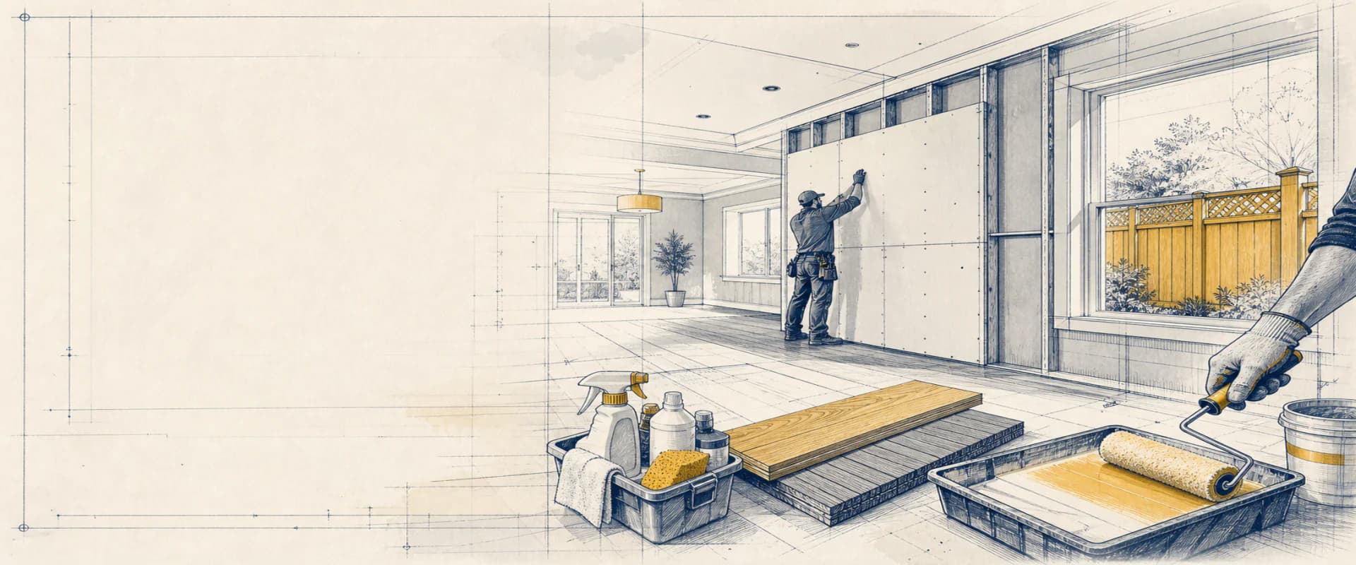 Architectural blueprint sketch of UA Workers renovation services — drywall, painting, fencing and decks — across Ontario